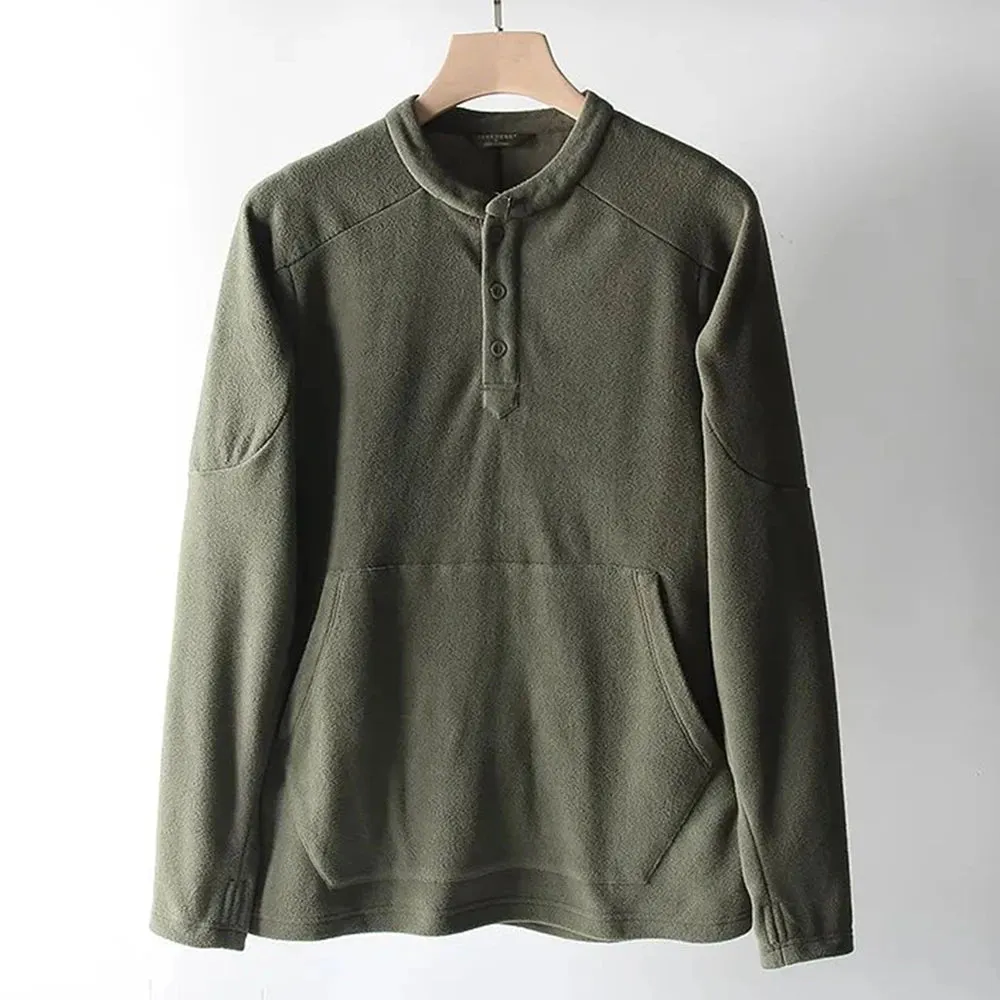 Wiaofellas  -  Ami Khaki Style Polar Fleece Long-Sleeved Shirt Mens 2024 Spring Autumn Fashion Henley Collar Solid Color Bottoming Sweatshirt