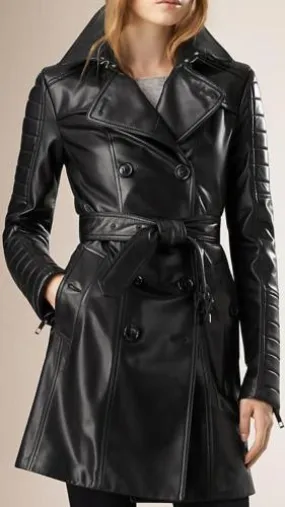 Women Black Genuine Leather Trench Coat