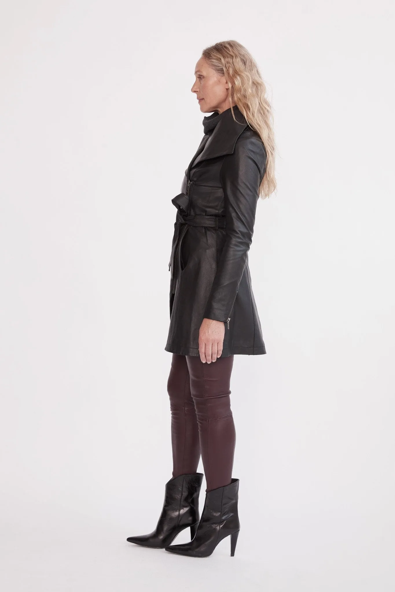 Women’s Black Sheepskin Leather Trench Coat