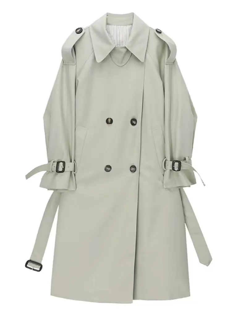 Women's Double Breasted Trench Coat Long Trench Coat Slim Fitting Jacket with Belt | Velvet Coat-Light cyan